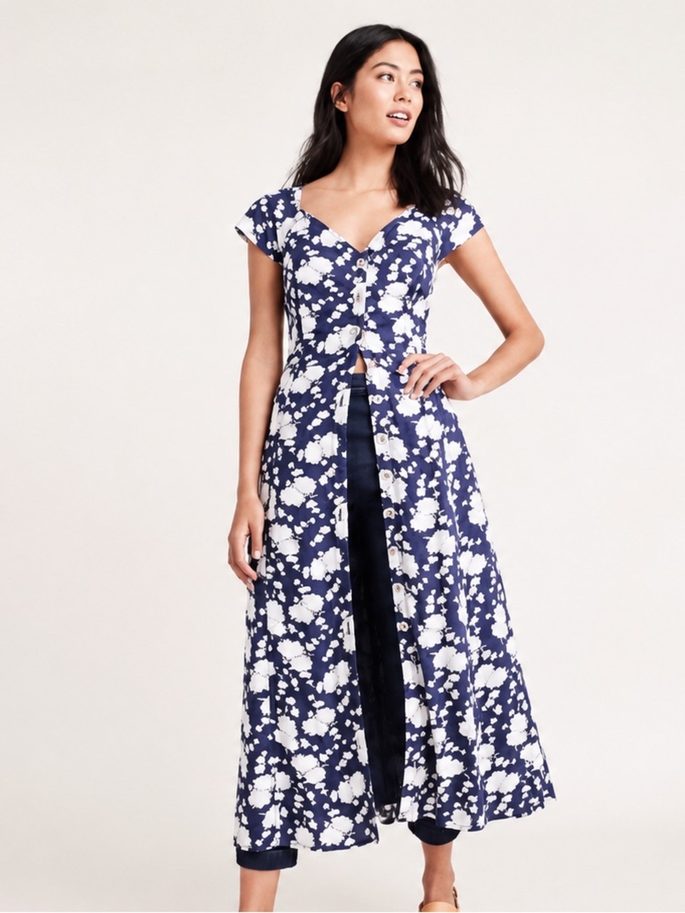 MAEVE Tate Motif Navy Floral Midi Button Down Lattice Dress Anthropologie -4